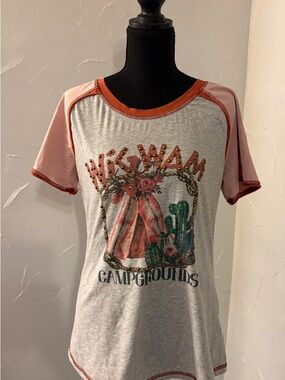 Delila Texas Pink and Gray Campgrounds Graphic Raglan Tee with Rust Trim